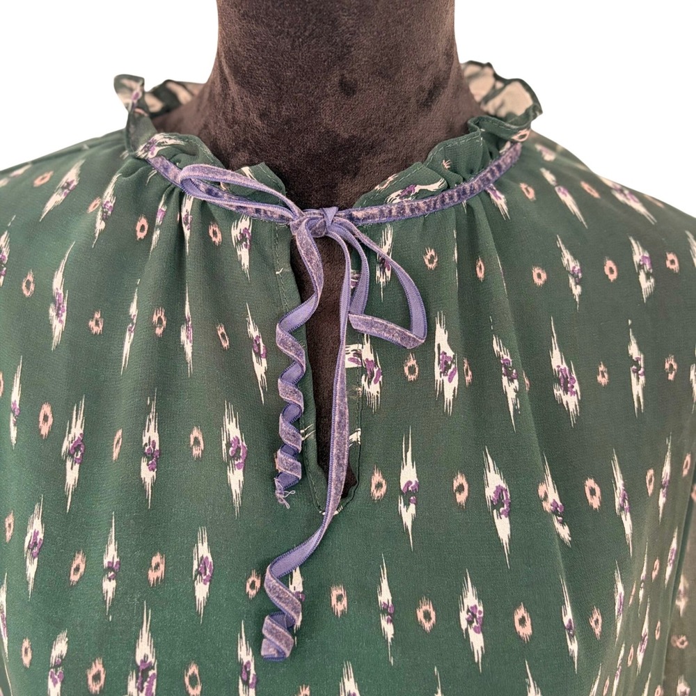 Snidel Dark Green Ikat Print Sheer Ruffle Velvet Tie Blouse Top Whimisgoth Boho - Picture 3 of 10